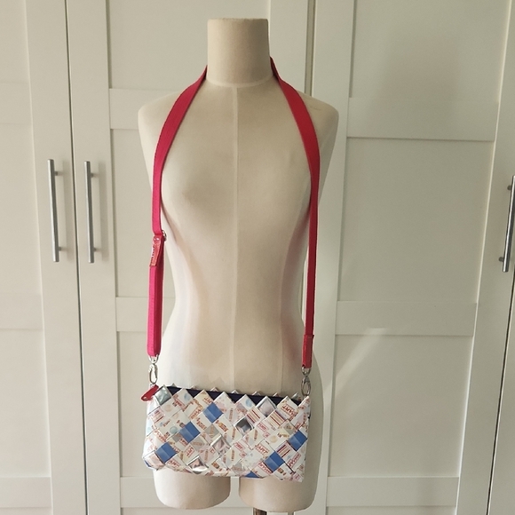 Nahui Ollin Smarties Red and White Crossbody Bag with Geometric Trim - Picture 2 of 7